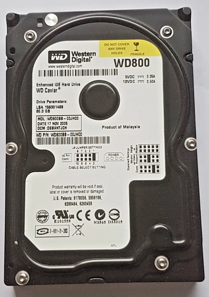 80 GB IDE Western Digital WD800BB-00JHC0 P-ATA 7200RPM 2MB HDD 3.5" Hard Drive - Image 1 of 1