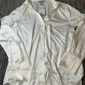 H&M Button Up Shirt Womens S Satin Long Sleeve Collar Blouse Off White New Read - Picture 1 of 8