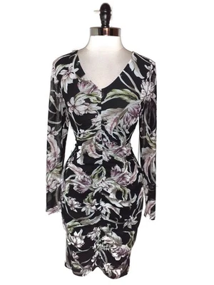 Vestido Vaina CONNECTED Talla 12 Manga Larga Negro Púrpura Floral Tejido Elástico Foto 1 de 4