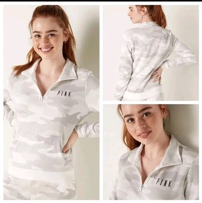 VICTORIAS SECRET PINK PERFECT QUARTER ZIP SWEATER JACKET SET GLACIER GREY CAMO S - Image 1 of 4