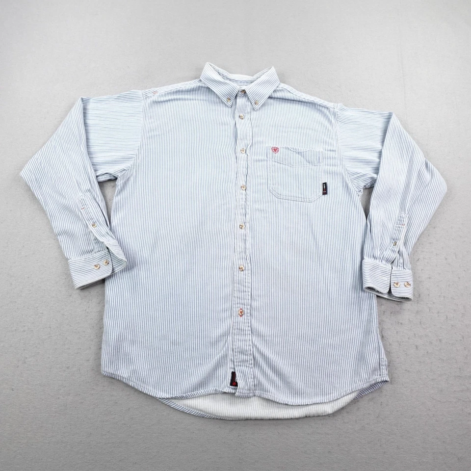 Ariat Shirt Mens Large Blue White Stripes FR Flame Resistant CAT 2 Button Up - Image 1 of 4