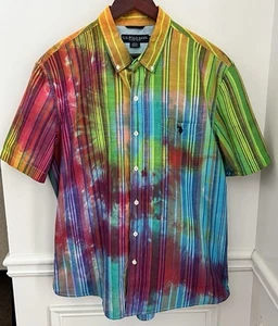 RARE Polo Assn Men’s Stripe Tie Dye Rainbow Button-Up Short Sleeve Shirt Size XL - Picture 1 of 9