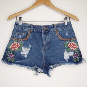 ASOS Jean Shorts Size 4 Embroidered Roses Cutoff Daisy Dukes Raw Hem Distressed - Picture 1 of 6
