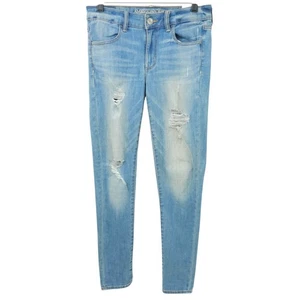 American Eagle Super Stretch Jegging Womens 8L Whiskered Distressed Ripped Denim - Picture 1 of 15