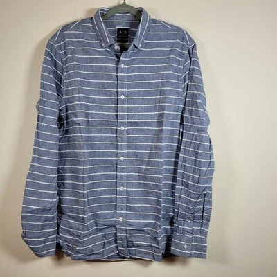 Armani Exchange Men Button Down Shirt Striped L Blue Long Sleeve Linen&Cotton - Image 1 of 4