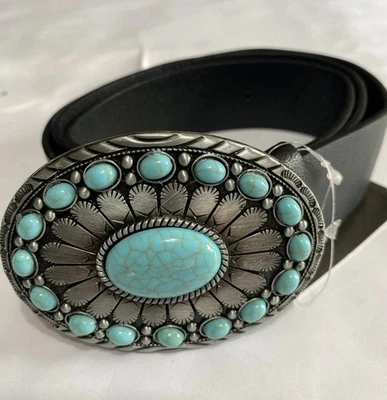 Fashion Belt Buckle Silver Metal Turquoise Blue Beads Womens Western Cowgirl - Image 1 of 4