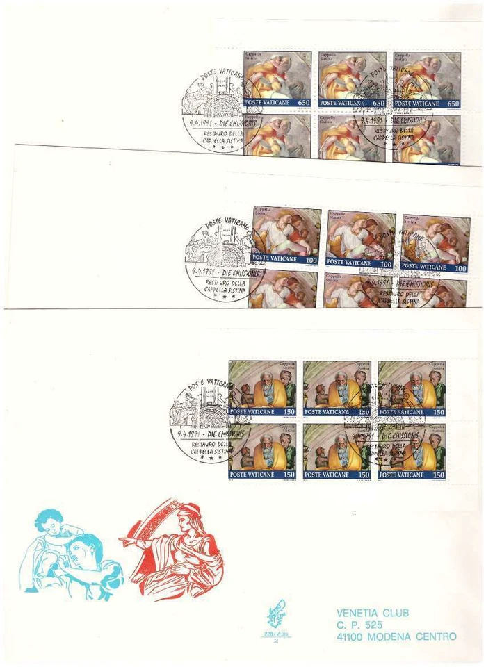FDC Venetia Club Vatican 1991 - Sistine Chapel 3 Bags Travel - Image 1 of 1