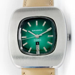 Sandoz Automatic Day Date Ref. 1832-Z-84-8 Green Dial Steel Men's Vintage Watch - Picture 1 of 13