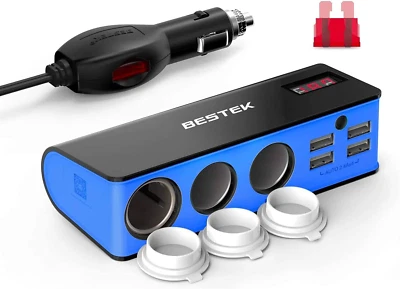 BESTEK 3-Socket Cigarette Lighter Adapter, 12V/24V 200W DC Cigarette Outlet Car  - Image 1 of 4