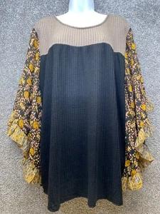 Umgee Plus 2XL Waffle Knit Top Ruffle Flutter Sleeve Yellow Floral Boho - Picture 1 of 11