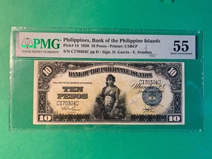 1920 10 PESO BANK OF THE PHILIPPINES ISLANDS C170304C P-14 PMG AU 55 - Picture 1 of 2