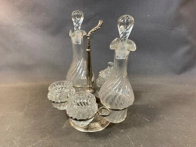 Ancien service à condiments de table en verre pour huile sel vinaigre moutarde - Photo 1/4