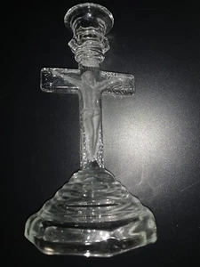 TWO Vintage Glass Crucifix Cross Taper Candlestick Candle Holder Clear Religious - Picture 1 of 6