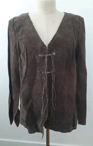 Chaqueta de Cuero Gamuza Gloria Desteñida De Colección Talla L Marrón Oscuro Cuello en V Boho Western - Imagen 1 de 13