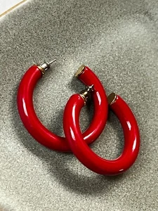 Classy Bright Red Thick Tubular Medium Hoop Goldtone Earrings for Pierced Ears – - Picture 1 of 5