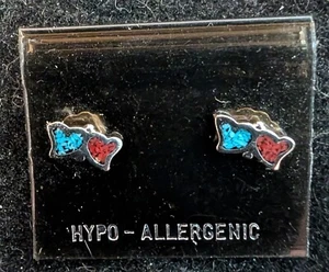 Earring Post Turq. & Coral Chip Inlay Two Hearts Nickel Silver Sz 1/4" by 1/4" - Picture 1 of 2