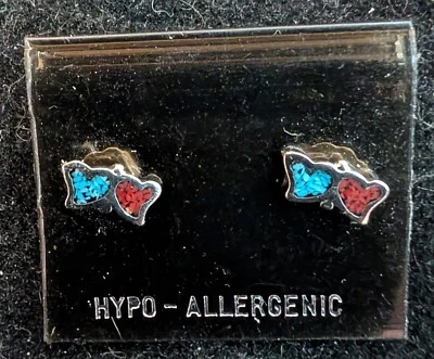 Pendiente Poste Turq. Incrustación de virutas de coral dos corazones níquel plata talla 1/4" por 1/4" Foto 1 de 2