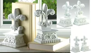 PAIR ** FRENCH VICTORIAN "FLEUR DE LIS" BOOKENDS SET *Distressed White* NIB - Picture 1 of 12