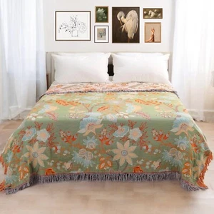 NEW Anthro XL Reversible Green Tassel Throw Blanket Bedspread Quilt - 80" x 90" - Picture 1 of 14