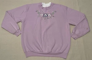 Vintage Top Stitch Women’s L Purple Flower Embroidered Mock Neck Sweatshirt Top - Picture 1 of 19