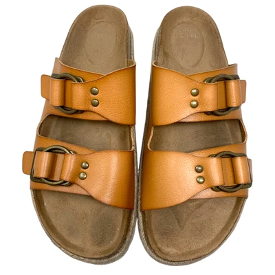 Time & Tru Sz 11 Brown Vegan Leather Chunky Lug Sole Buckle Slide Sandals - Image 1 of 4
