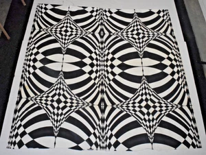 Vintage Linen Fabric 60s Psychedelic Black White Geometric 44.5 By 43 Inches - Picture 1 of 4