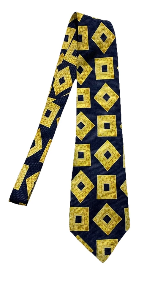 Versace V2. Gravata masculina de seda azul/amarela. Padrão geométrico. Feito na Itália. Ec - Imagem 1 de 4