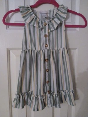 Girls Little Lass Stripped Dress Sz 4 Sleeveless With Buttons Ruffled Hem Line - Image 1 of 4