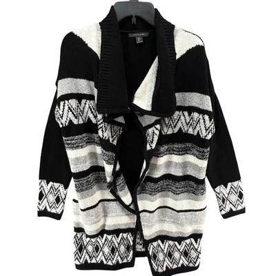 Suéter Tahari Mujer Grande Negro Blanco Mezcla de Lana Cárdigan Azteca Frente Abierto Foto 1 de 4