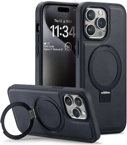 Skórzane etui Sibada na iPhone 15 Pro Max z ukrytym stojakiem – czarne - Zdjęcie 1 z 8
