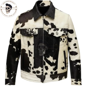 Men’s Natural Cowhide Hair-On Leather Jacket Western Cowboy Rodeo Fur Coat USA - Picture 1 of 3
