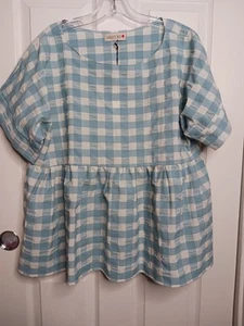 Camicetta Charlotte Wix Italy Gingham Babydoll nuova con etichetta 1x blu bianco manica corta - Foto 1 di 9