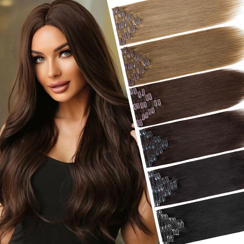 CLEARANCE Clip In Real Remy Human Hair Extensions 8PCS 18Clips Full Head Wefts - image 1 of 4