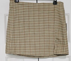 Originality Mini Skirt Juniors Large, Brown Green Cream Plaid Slit Stretch NWT - Picture 1 of 7