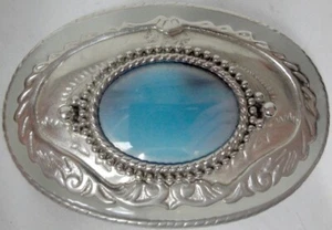 Fibbia per cintura vintage antica western argento acciaio inox con gemma opale blu! - Foto 1 di 9