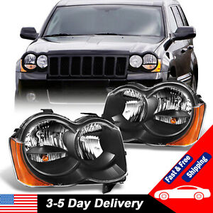 For 2008 -2010 Jeep Grand Cherokee Black Housing Halogen Headlights Headlamp Set