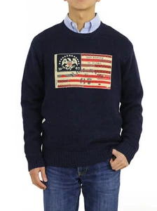 Polo Ralph Lauren Long Sleeve Pullover Crew Sweater with USA Flag Patch - Navy - Picture 1 of 4