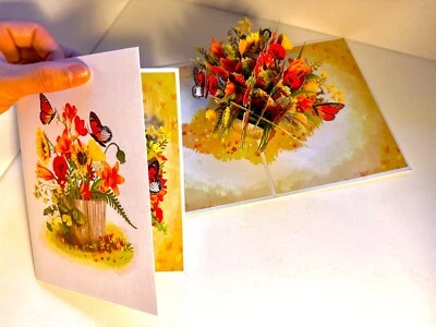 ORIGAMI POP CARDS Fall Flowers in Bucket Butterflies Happy Birthday Handmade Pop - Image 1 of 4