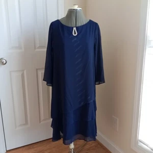 Marina Women's Tiered Chiffon Flutter Sleeve Knee Length Dress Sz 10 Navy Blue N - Picture 1 of 15