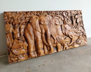Elephants Wood carved Home decor wall art wooden plaque gift sculpture figure - Picture 1 of 4