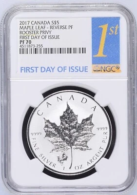 2017 $5 CANADA SILVER $5 MAPLE LEAF, REVERSE PROOF LUNAR ROOSTER PRIVY NGC PF70 - Image 1 of 3