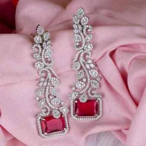 Simulated 27.52TCW Radiant Pink Ruby & Round Sapphire Engagement Dangle Earrings - Picture 1 of 6