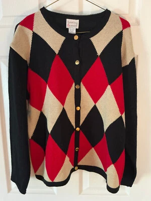 Hasting & Smith Plaid Cardigan Sweater Black ,Red and Gold.  GOLD BUTTONS - Image 1 of 4