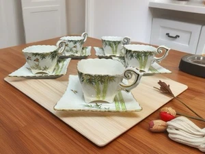 Vintage Kutani Kosen Tea Set Japan- Bamboo Bird - 5 Demitasse Cup & Saucer Set - Picture 1 of 14