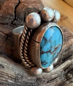 Old NATURAL TURQUOISE Sterling Silver RING size 10 VINTAGE PAWN Wide Band 19.4 - Picture 1 of 12