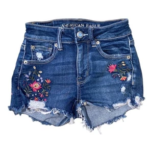 American Eagle Hi-Rise Shortie Stretch Floral Embroidered Jean Shorts Size 00 - Picture 1 of 9