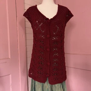 Coldwater Creek Red Semi Sheer Open Knit Button Down Cotton Tunic Sweater 4 - Picture 1 of 5