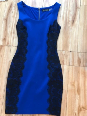 ¡Envío gratis! Vestido de buceo GUESS ceñido al cuerpo azul y negro imitación cuero encaje talla 0 Foto 1 de 3