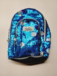 10" JUSTICE Black Leather Blue and Red Sequin Backpack with Rainbow Polka Dots - Bild 1 von 4