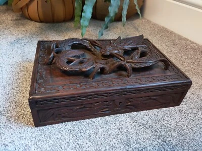 Vintage Chinese Hand Carved Wooden Dragon Box Snakes Serpents 29.5 Cm By 19 Cm - Image 1 of 4
